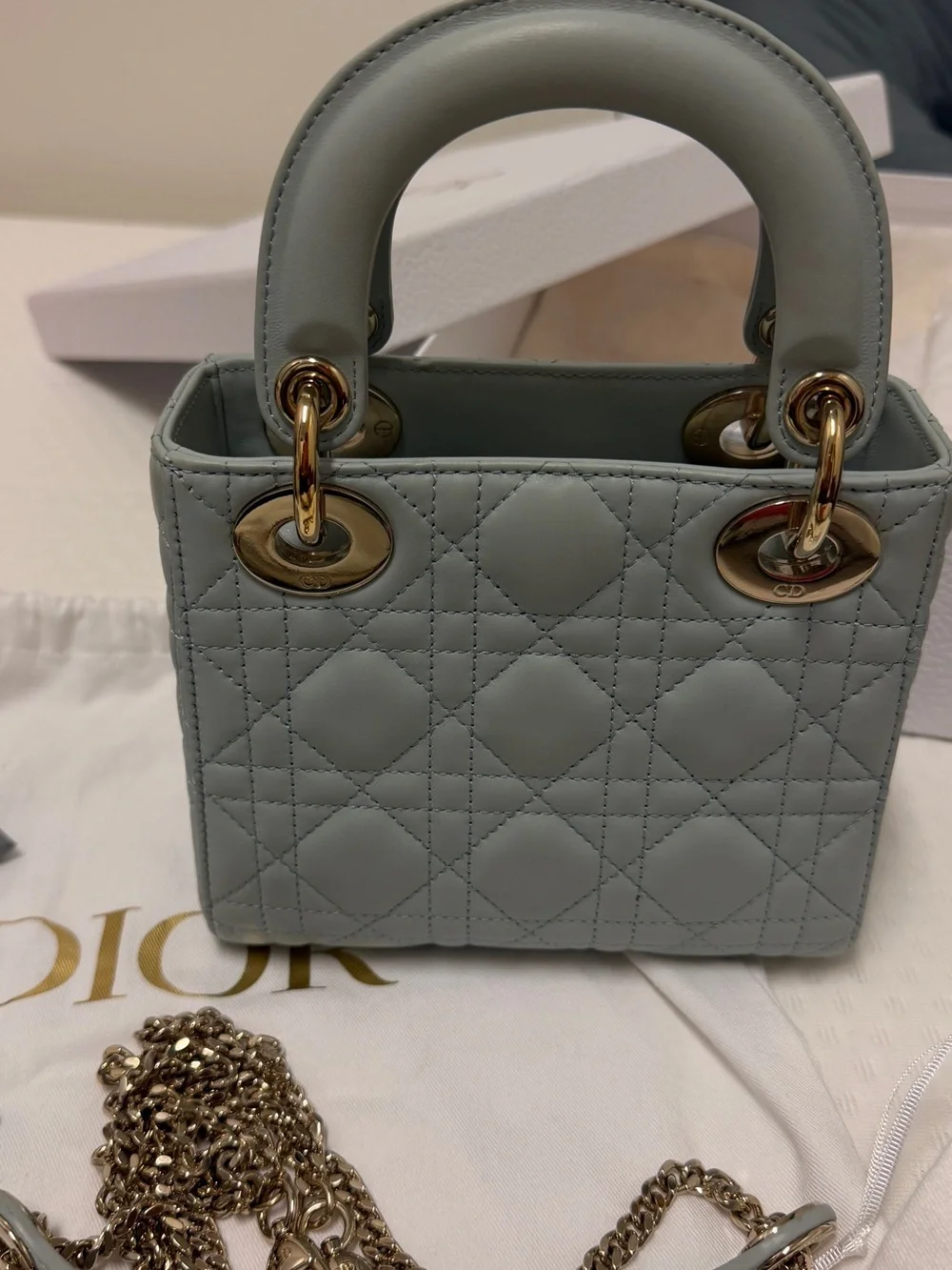 Dior Mini Lady Dior Top Handle Bag in Pale Slate Gray with Gold Hardware - Picture 6 of 10